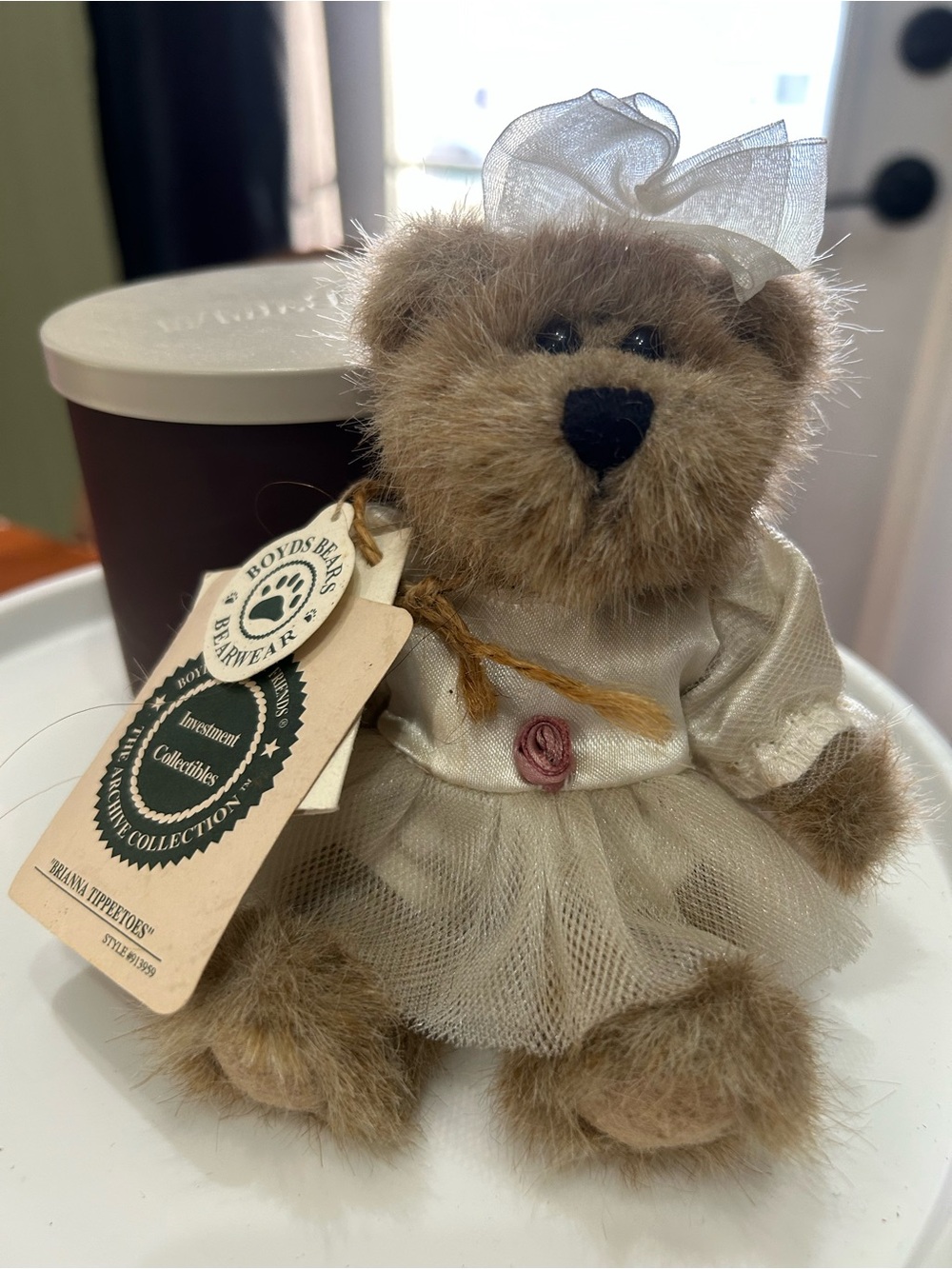 Boyds Bears Brown Plush in Cream Satin and Tulle Dress